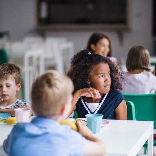 A group of cheerful small school kids in canteen, eating lunch.