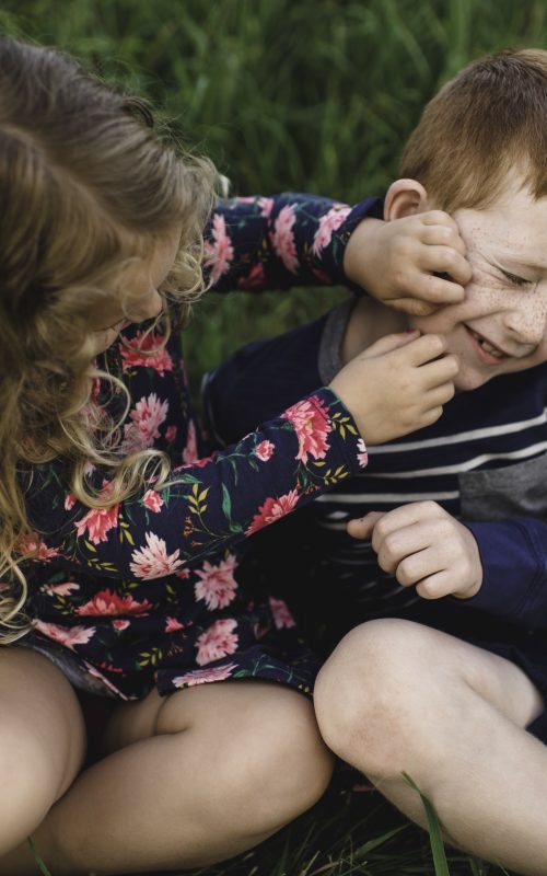 Boy and sister play fighting in field