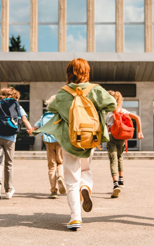 Little kids schoolchildren pupils students running hurrying to the school building for classes