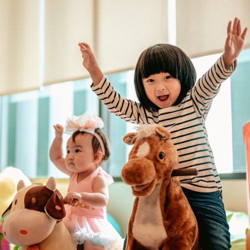 Two children were having fun playing rocking horses together.Family with children at home. Two children were having fun playing rocking horses together.Family with children at home.