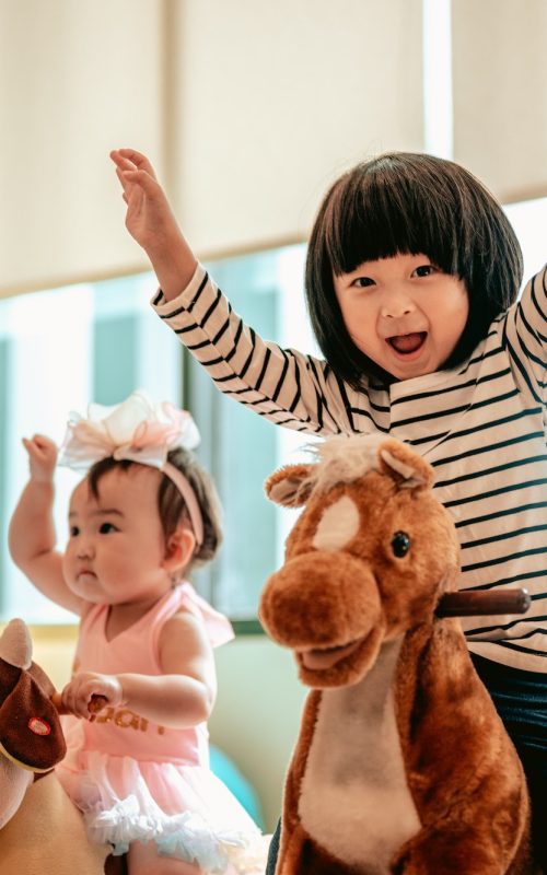 Two children were having fun playing rocking horses together.Family with children at home. Two children were having fun playing rocking horses together.Family with children at home.