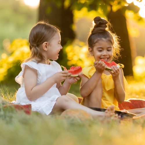 Two kids eating of watermelon in the garden. Kids eat fruit outdoors. Healthy snack for children.